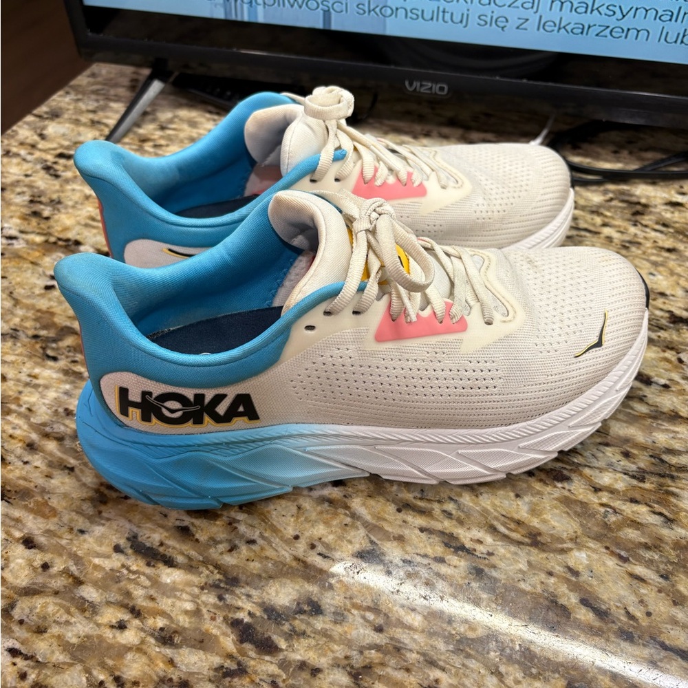 Hoka Cream and Blue Athletic Sneakers
